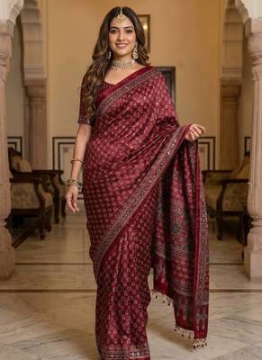 Soft Sartin Fabric Print With Real Mirror Work Saree With Blouse Set  1