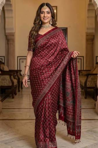 Soft Sartin Fabric Print With Real Mirror Work Saree With Blouse Set 