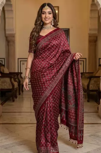 Soft Sartin Fabric Print With Real Mirror Work Saree With Blouse Set 