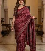 Soft Sartin Fabric Print With Real Mirror Work Saree With Blouse Set 