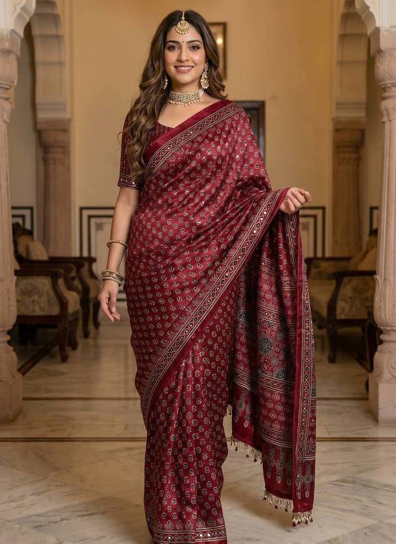 Soft Sartin Fabric Print With Real Mirror Work Saree With Blouse Set 