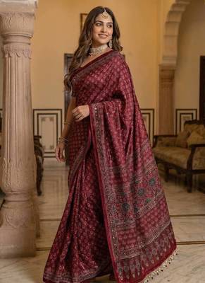 Soft Sartin Fabric Print With Real Mirror Work Saree With Blouse Set  2