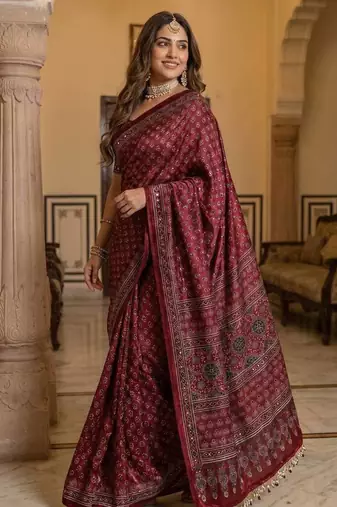 Soft Sartin Fabric Print With Real Mirror Work Saree With Blouse Set 