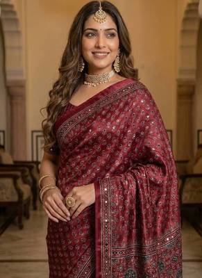 Soft Sartin Fabric Print With Real Mirror Work Saree With Blouse Set  3