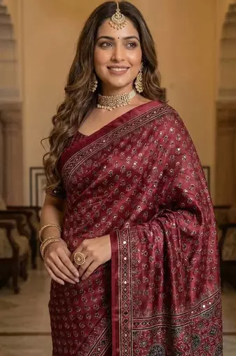 Soft Sartin Fabric Print With Real Mirror Work Saree With Blouse Set 