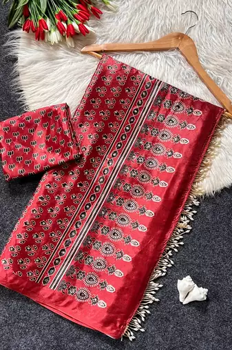 Soft Sartin Fabric Print With Real Mirror Work Saree With Blouse Set 