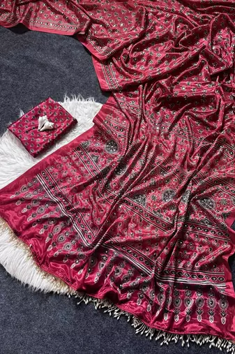 Soft Sartin Fabric Print With Real Mirror Work Saree With Blouse Set 