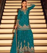 blue chinon silk full stitched free size palazzo suits upto 42
