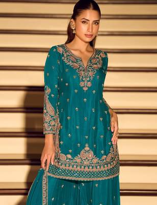 blue chinon silk full stitched free size palazzo suits upto 42 2