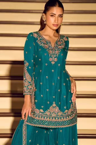 blue chinon silk full stitched free size palazzo suits upto 42
