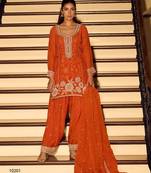 Orange chinon silk full stitched free size palazzo suits upto 42