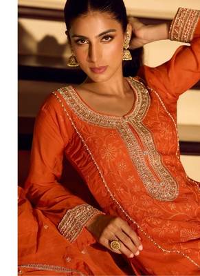 Orange chinon silk full stitched free size palazzo suits upto 42 2