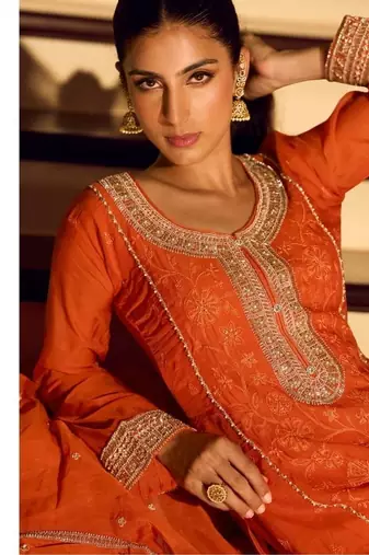 Orange chinon silk full stitched free size palazzo suits upto 42