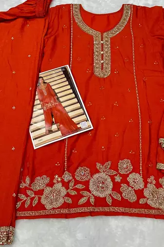 Orange chinon silk full stitched free size palazzo suits upto 42
