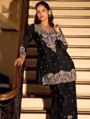 Black chinon silk full stitched free size palazzo suits upto 42 1
