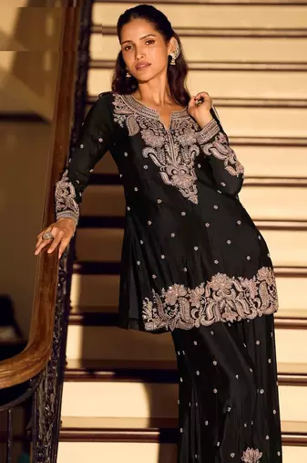 Black chinon silk full stitched free size palazzo suits upto 42