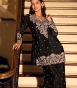 Black chinon silk full stitched free size palazzo suits upto 42