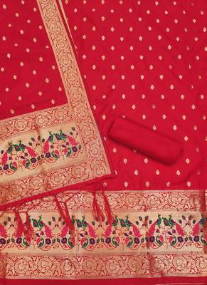 Red Soft Banarasi silk zari woven design dress material 4