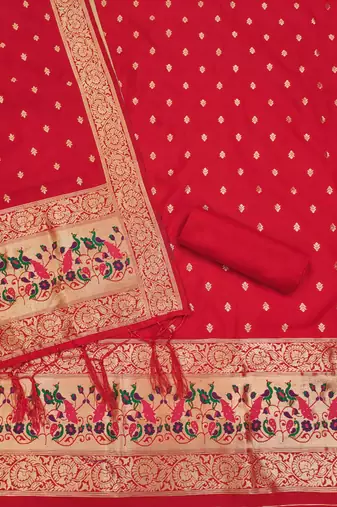 Red Soft Banarasi silk zari woven design dress material