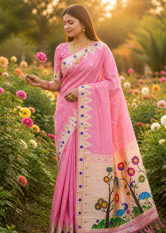 Light Pink Color zari weaving  Work art silk saree