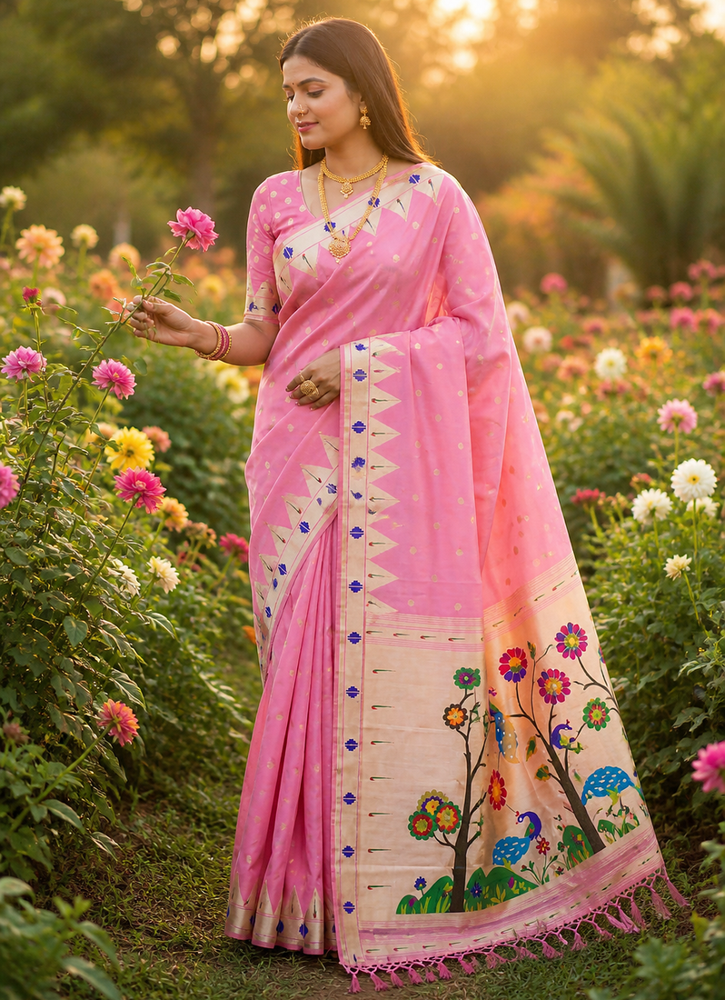 Light Pink Color zari weaving  Work Silk Saree