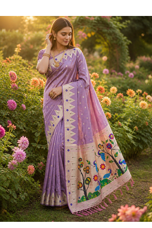 Lavender Color zari weaving  Work art silk saree 1