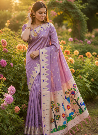 Lavender Color zari weaving  Work art silk saree