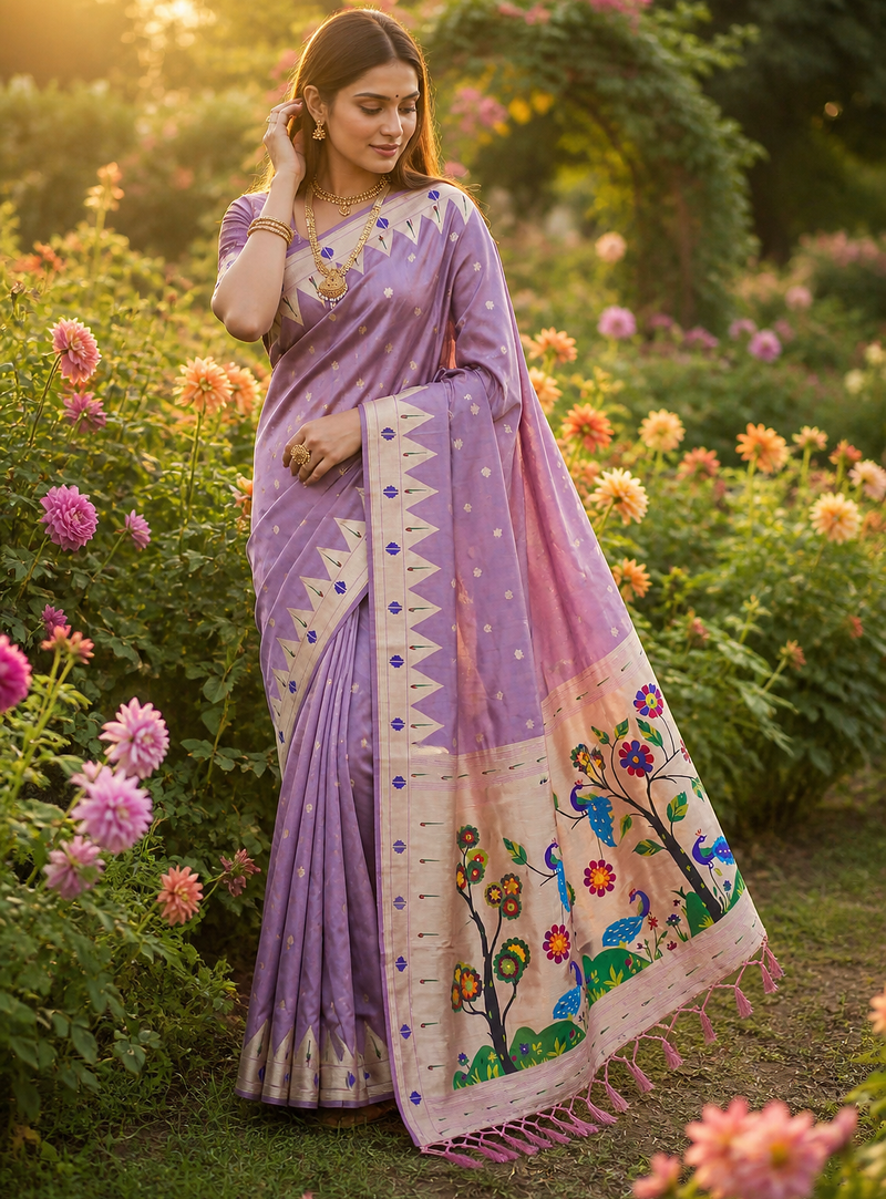 Lavender Color zari weaving  Work Silk Saree
