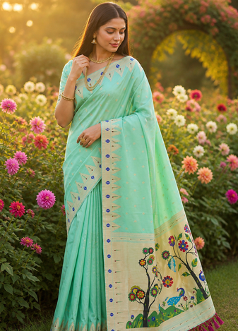 Sea Green Color zari weaving  Work art silk saree