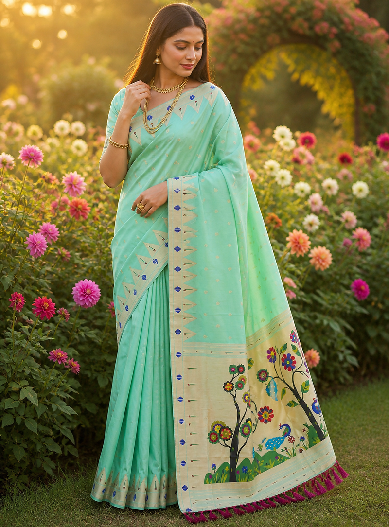 Sea Green Color zari weaving  Work Silk Saree