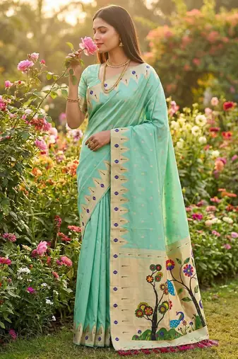 Sea Green Color zari weaving  Work art silk saree