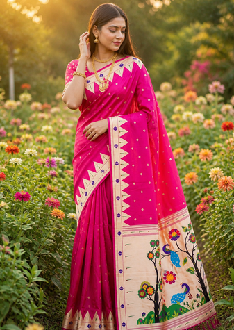 Rani Pink Color zari weaving  Work Silk Saree