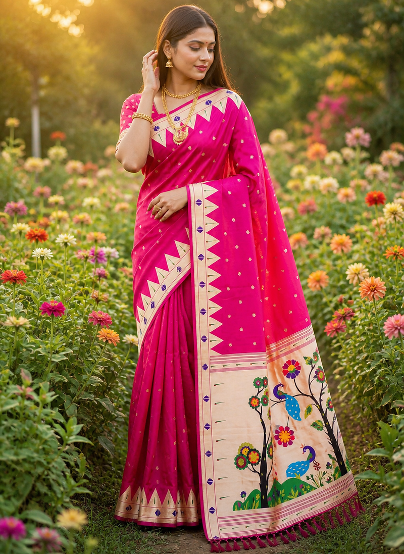Rani Pink Color zari weaving  Work Silk Saree
