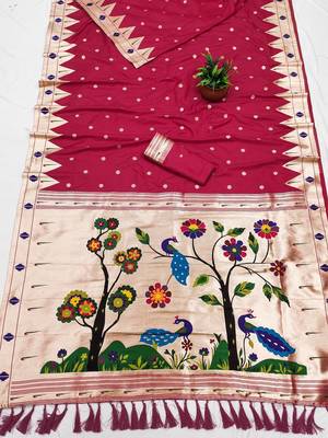 Rani Pink Color zari weaving  Work art silk saree 3