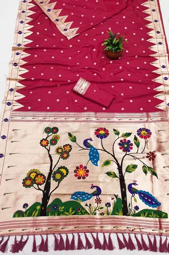 Rani Pink Color zari weaving  Work art silk saree