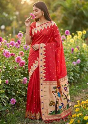 Red Color zari weaving  Work art silk saree 2