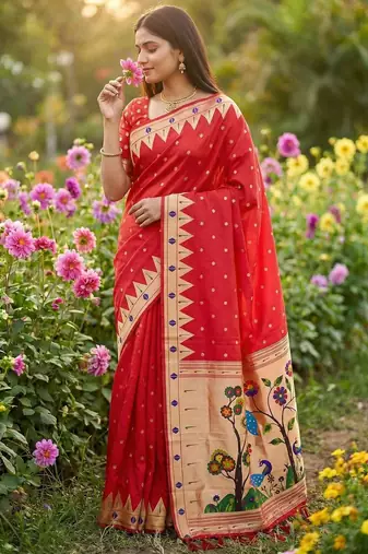 Red Color zari weaving  Work art silk saree