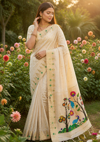 White Color zari weaving  Work Silk Saree