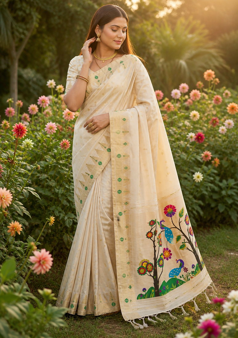 White Color zari weaving  Work Silk Saree