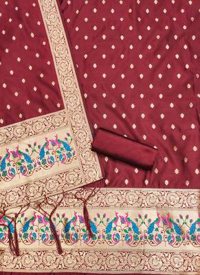Maroon Soft Banarasi silk zari woven design dress material 4