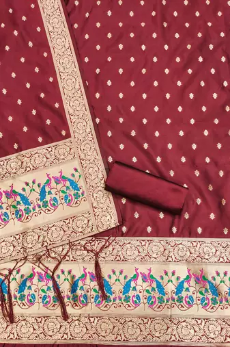 Maroon Soft Banarasi silk zari woven design dress material
