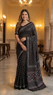 Roman Silk Ajarakh Print And Real Mirror work Saree With Blouse Set For Women's 1