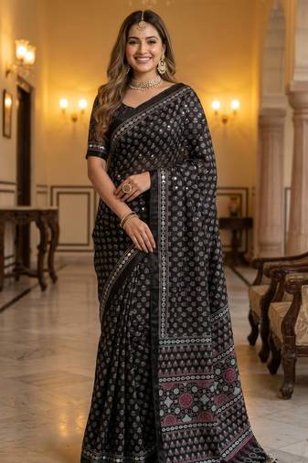 Roman Silk Ajarakh Print And Real Mirror work Saree With Blouse Set For Women's