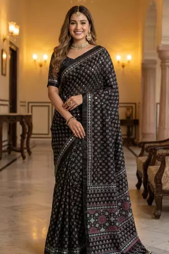 Roman Silk Ajarakh Print And Real Mirror work Saree With Blouse Set For Women's