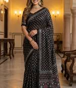 Roman Silk Ajarakh Print And Real Mirror work Saree With Blouse Set For Women's