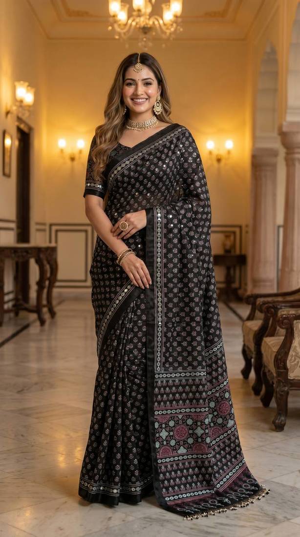 Roman Silk Ajarakh Print And Real Mirror work Saree With Blouse Set For Women's