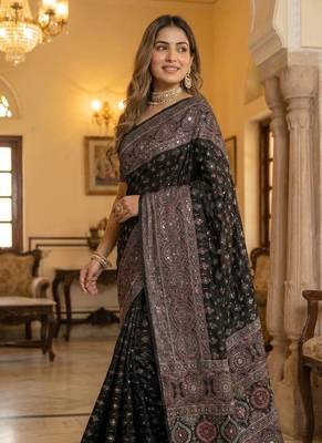 Roman Silk Ajarakh Print And Real Mirror work Saree With Blouse Set For Women's 2