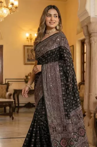Roman Silk Ajarakh Print And Real Mirror work Saree With Blouse Set For Women's