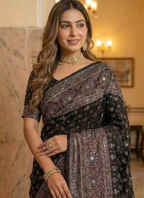 Roman Silk Ajarakh Print And Real Mirror work Saree With Blouse Set For Women's 3