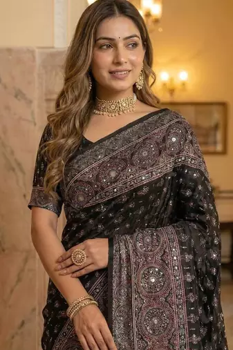 Roman Silk Ajarakh Print And Real Mirror work Saree With Blouse Set For Women's